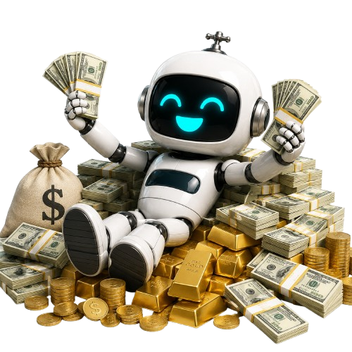 Mort sitting on stacks of cash and gold after AI transformation