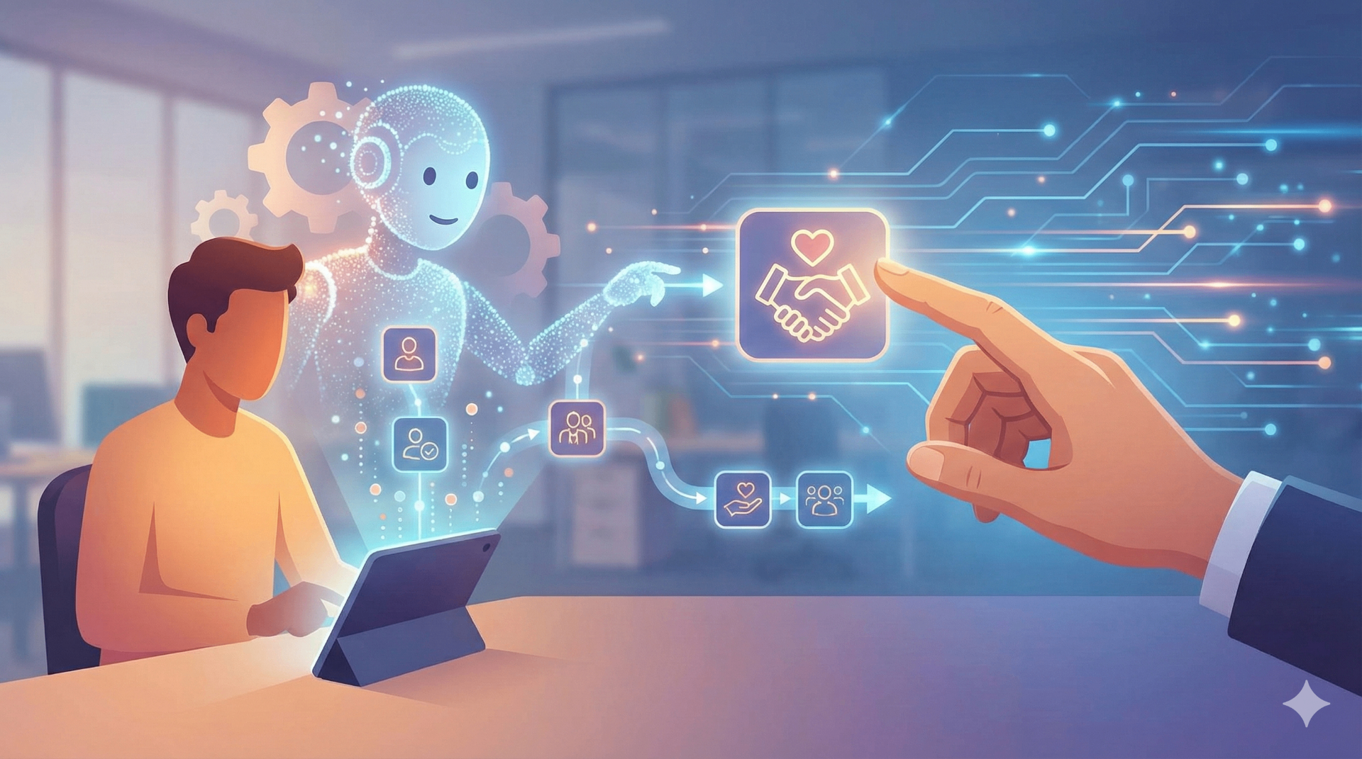 AI-powered lead follow-up automation showing a person using a tablet with an AI assistant helping manage customer relationships and follow-ups